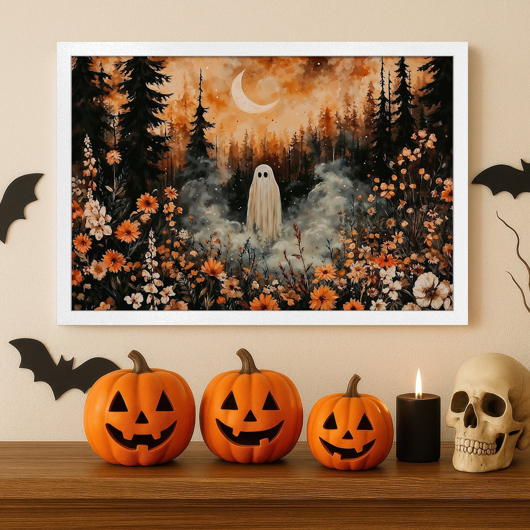 Framed Poster: Halloween ghost art print in watercolor style, featuring an orange and black color palette. Spooky home decor.