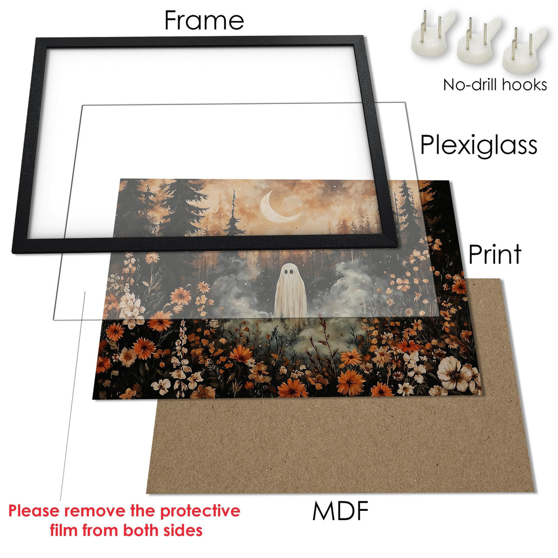 Framed Poster featuring a whimsical ghost in a forest scene. Warm, autumnal color palette with black frame. Perfect wall art!