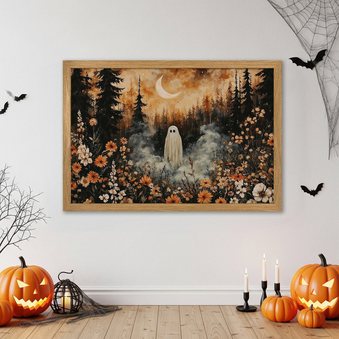 Framed Poster featuring a whimsical ghost in a forest scene, watercolor style, with a warm orange and black color palette. Perfect Halloween decor!