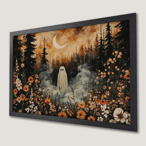 Framed Poster featuring a whimsical ghost in a forest, watercolor style, warm orange & dark green color palette. Perfect Halloween decor!