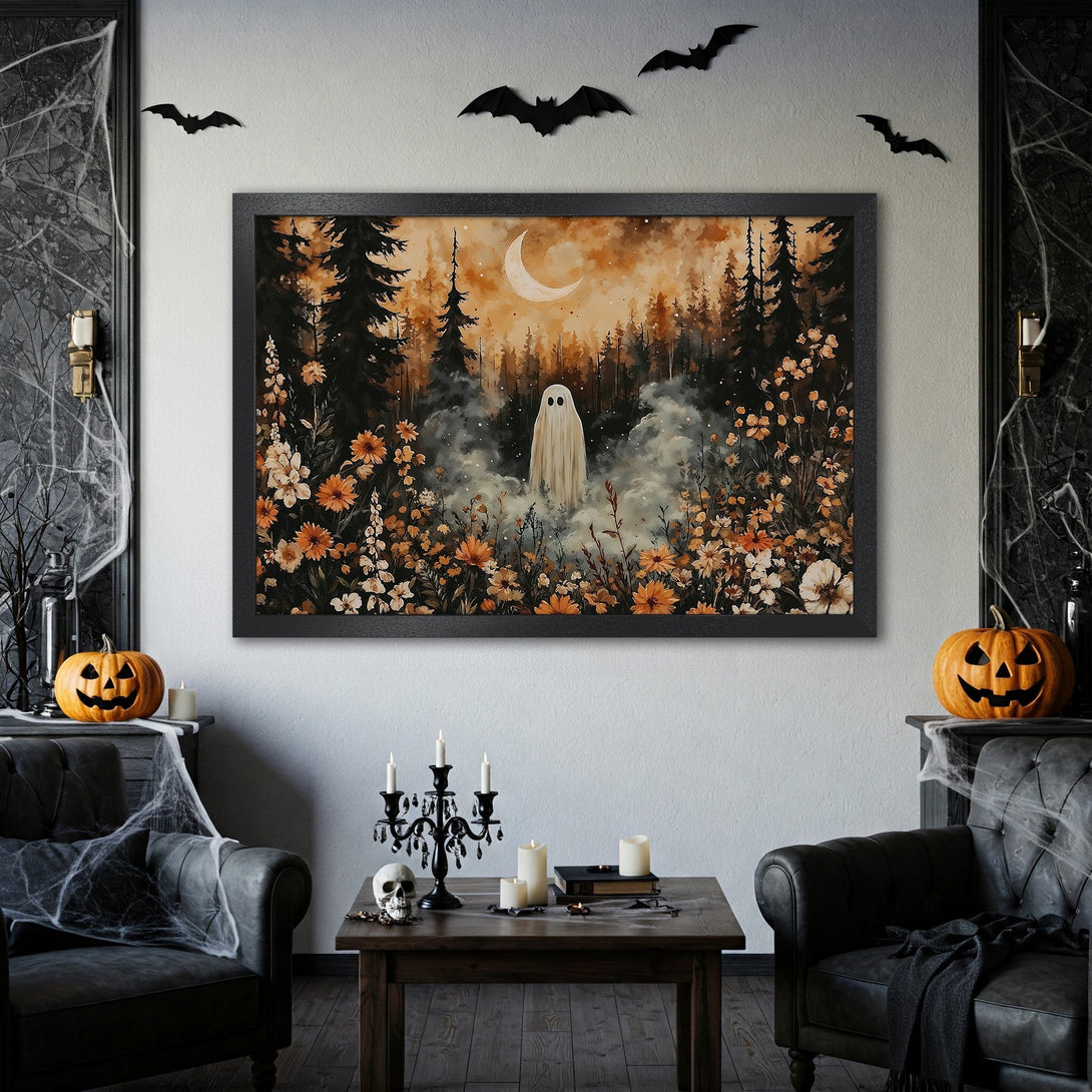 Framed Poster featuring a spooky ghost in a forest scene. Watercolor style with a warm, autumnal color palette. Perfect Halloween decor!