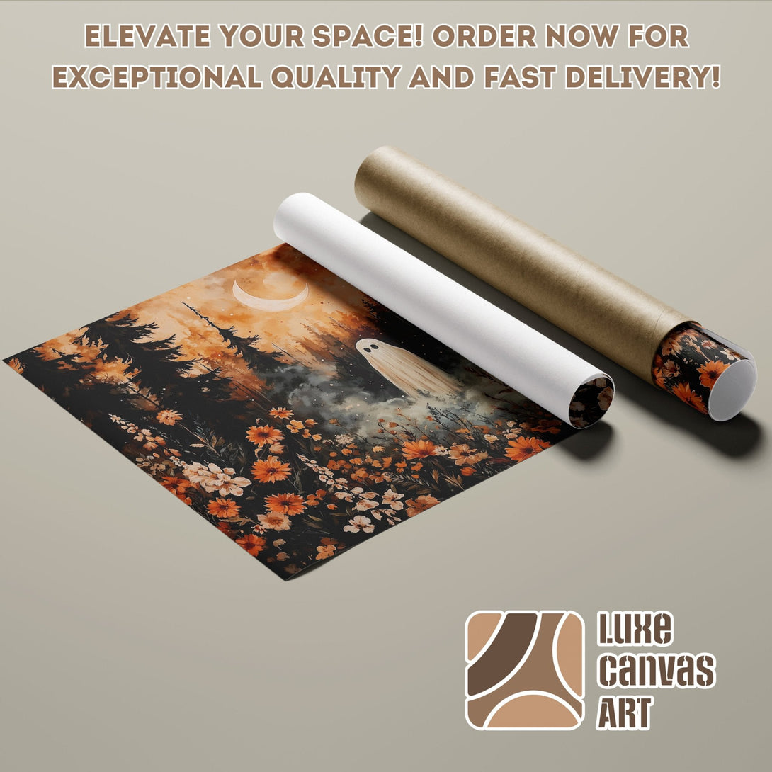 Poster Roll featuring a spooky floral design in warm orange and black tones. Perfect wall art!