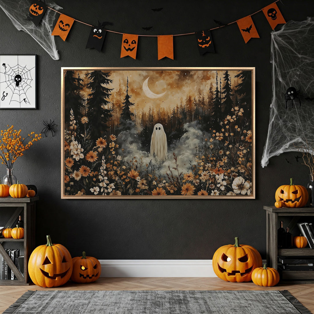 Framed Wall Art: Spooky ghost in a forest landscape. Warm, autumnal color palette. Perfect Halloween decor. Shop now!