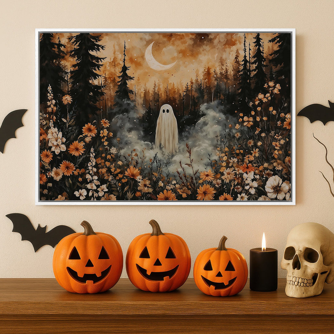 Framed Wall Art: Spooky ghost in a watercolor forest, warm orange & black color palette, perfect Halloween decor for your home.