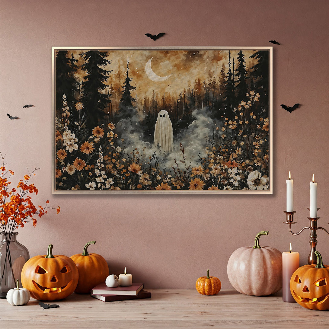 Framed Wall Art: Spooky ghost in a forest scene, watercolor style, warm autumnal color palette. Perfect Halloween decor.