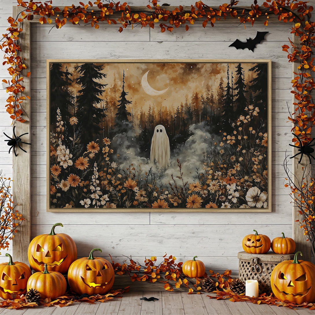 Framed Wall Art: Spooky forest scene with ghost, warm autumnal colors. Perfect Halloween decor for your home.
