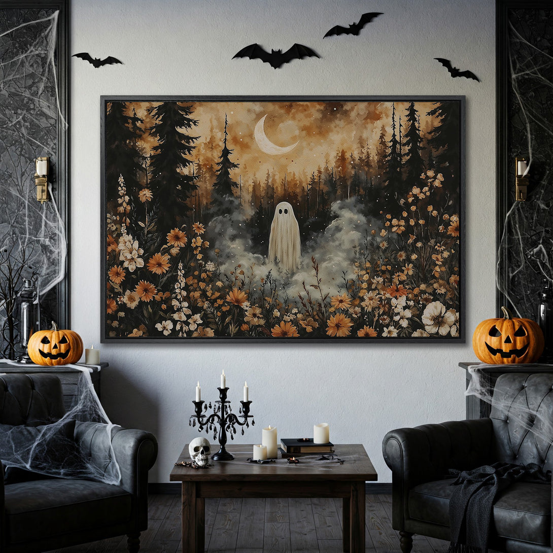 Framed Wall Art: Spooky ghost in a forest scene, perfect for Halloween decor. Warm, earthy tones create a hauntingly beautiful canvas print.