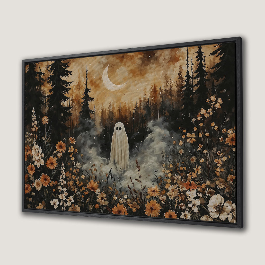 Framed Wall Art featuring a whimsical ghost in a forest scene with a warm, earthy color palette. Perfect for Halloween decor!
