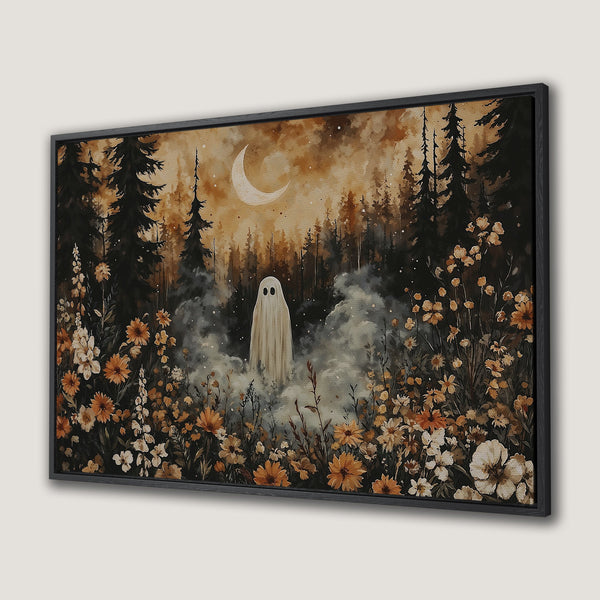 Framed Wall Art featuring a whimsical ghost in a forest scene with a warm, earthy color palette. Perfect for Halloween decor!