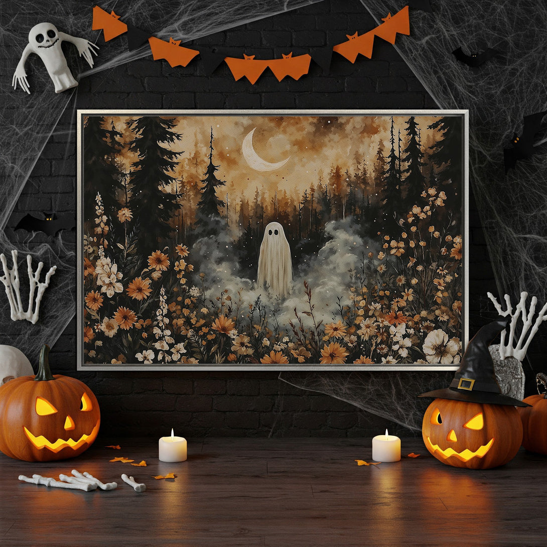Framed Wall Art: Spooky ghost in a forest scene, warm autumnal color palette. Perfect Halloween decor! Add a touch of eerie elegance to your space.