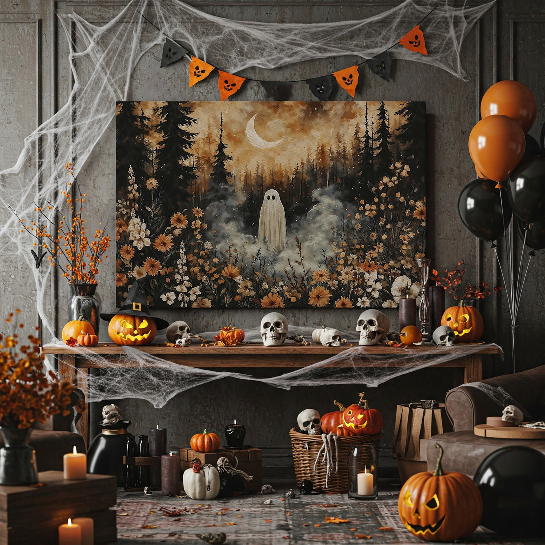Framed Wall Art: Spooky ghost in a forest scene, watercolor style. Warm autumnal color palette. Perfect Halloween home decor.