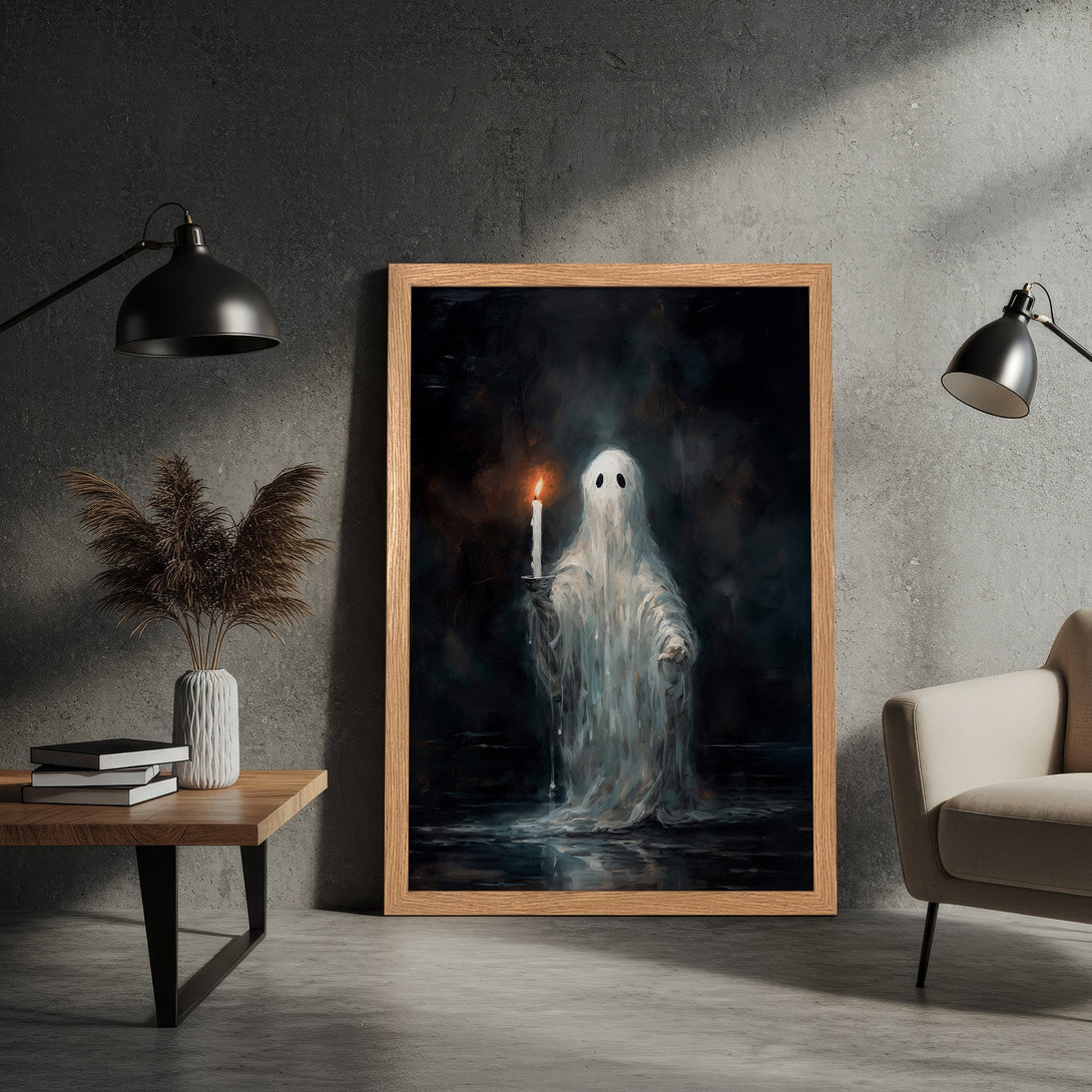 Framed Poster featuring a ghostly figure with a candle, in a dark, moody style with a cool, muted color palette. Perfect Halloween decor!