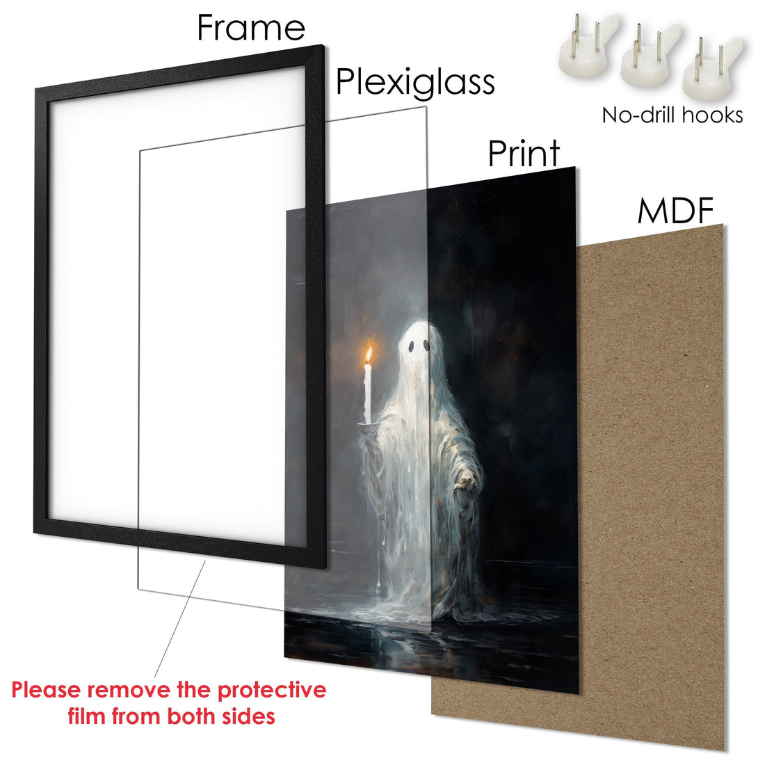 Framed Poster featuring a ghostly figure with a candle, in a dark, moody style with a muted color palette. Perfect wall art!