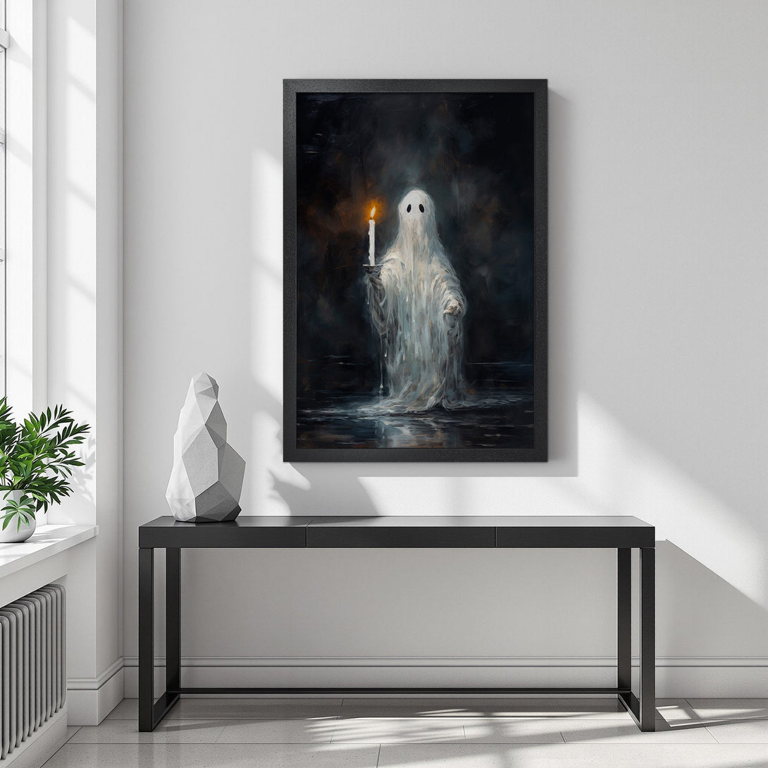 Framed Poster featuring a spooky ghost holding a candle. Dark, moody art style with a black, white, and orange color palette. Perfect Halloween decor!