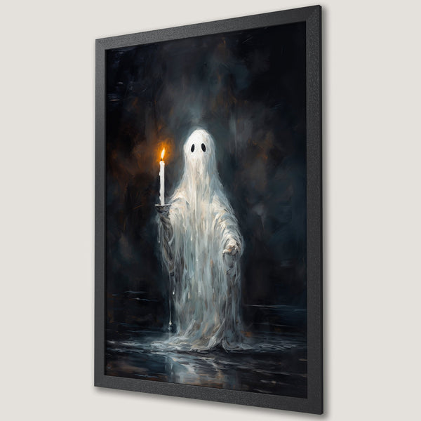 Framed Poster featuring a ghostly figure with a candle, painted in a dark, moody style with a black, white and orange color palette. Perfect Halloween decor!