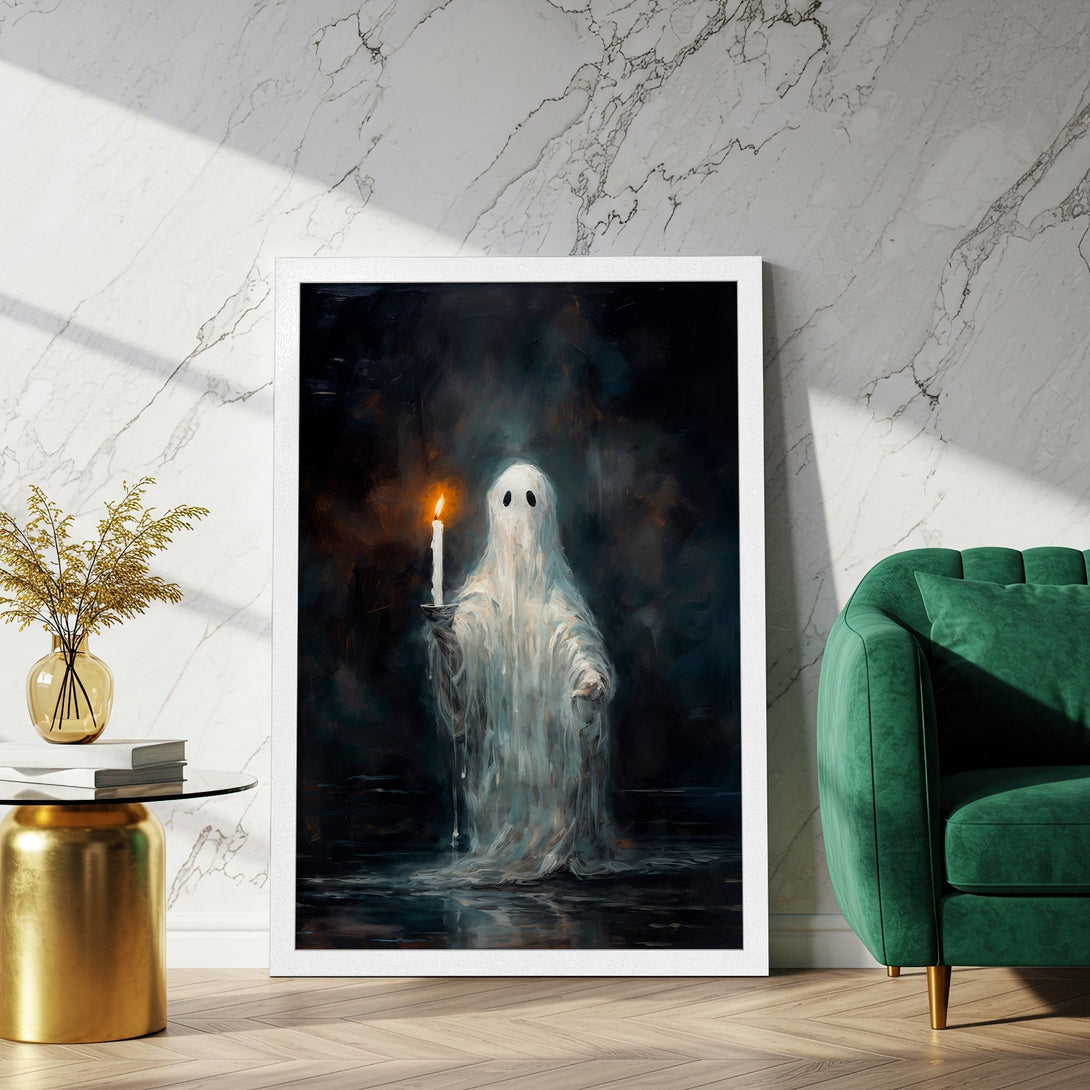 Framed Poster featuring a ghostly figure in a dark, moody style with a blue and black color palette. Perfect Halloween decor!