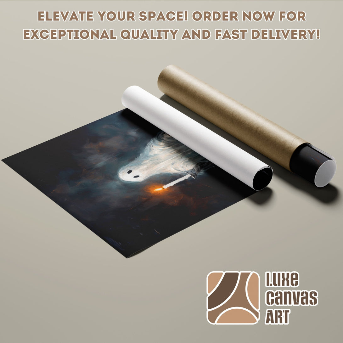 Poster Roll featuring a ghostly figure with a candle, dark and moody art style, with a dark blue and orange color palette.