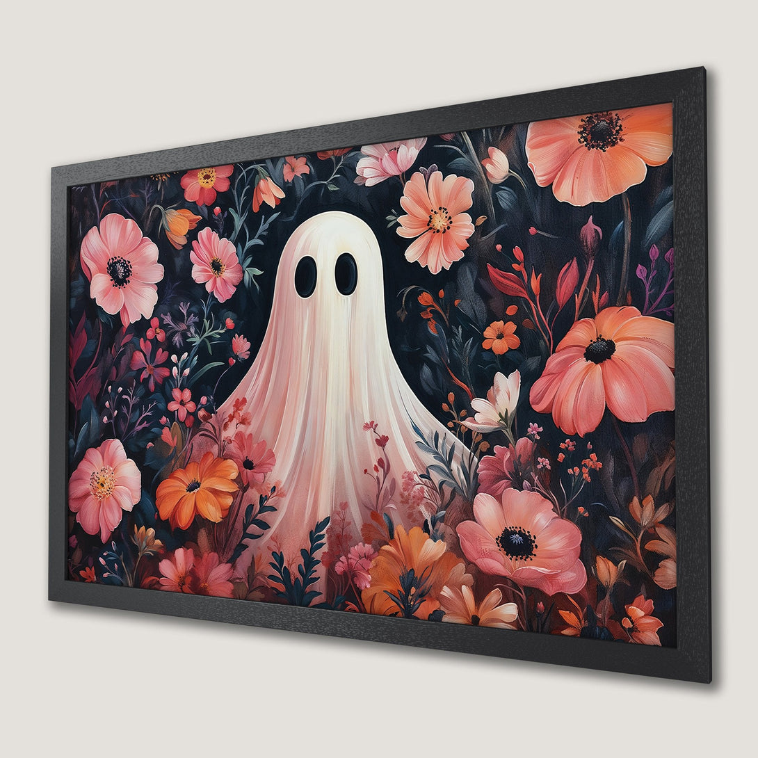 Framed Poster featuring a whimsical ghost in a floral garden, painted in a soft, painterly style with a warm, pink and orange color palette.