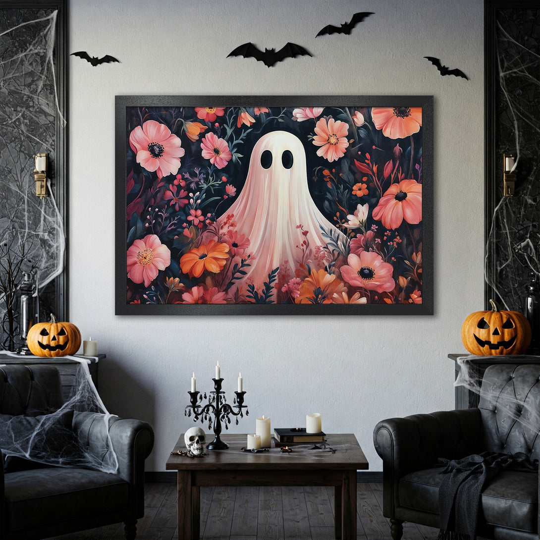 Framed Poster featuring a ghost in a floral garden, with a dark, moody color palette perfect for Halloween decor.