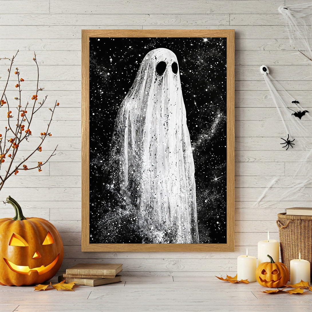 Framed Poster featuring a spooky ghost in a black and white, starry night style. Perfect Halloween decor!