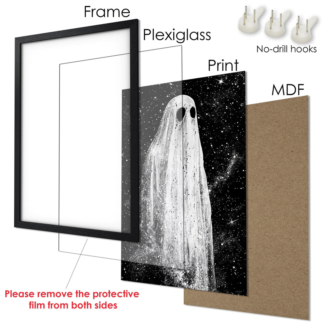 Framed Poster featuring a spooky ghost in black and white. Perfect Halloween decor!