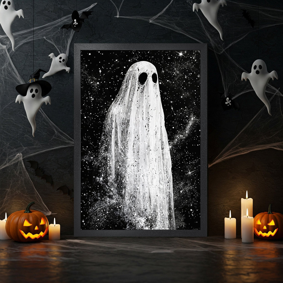 Framed Poster featuring a ghostly figure in a black and white, spooky style. Perfect Halloween decor!