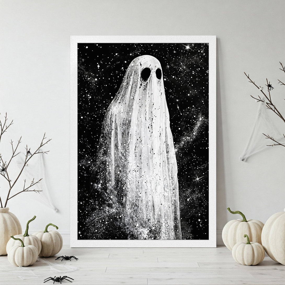 Framed Poster: Spooky ghost art print in black and white. Perfect Halloween decor! Modern style, minimalist design.
