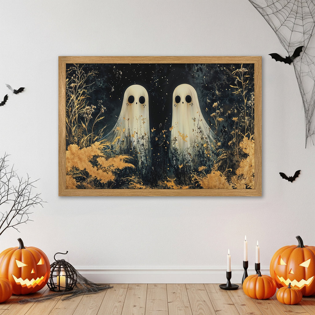 Framed Poster featuring spooky ghost art in a dark, gold, and white color palette. Perfect Halloween decor!