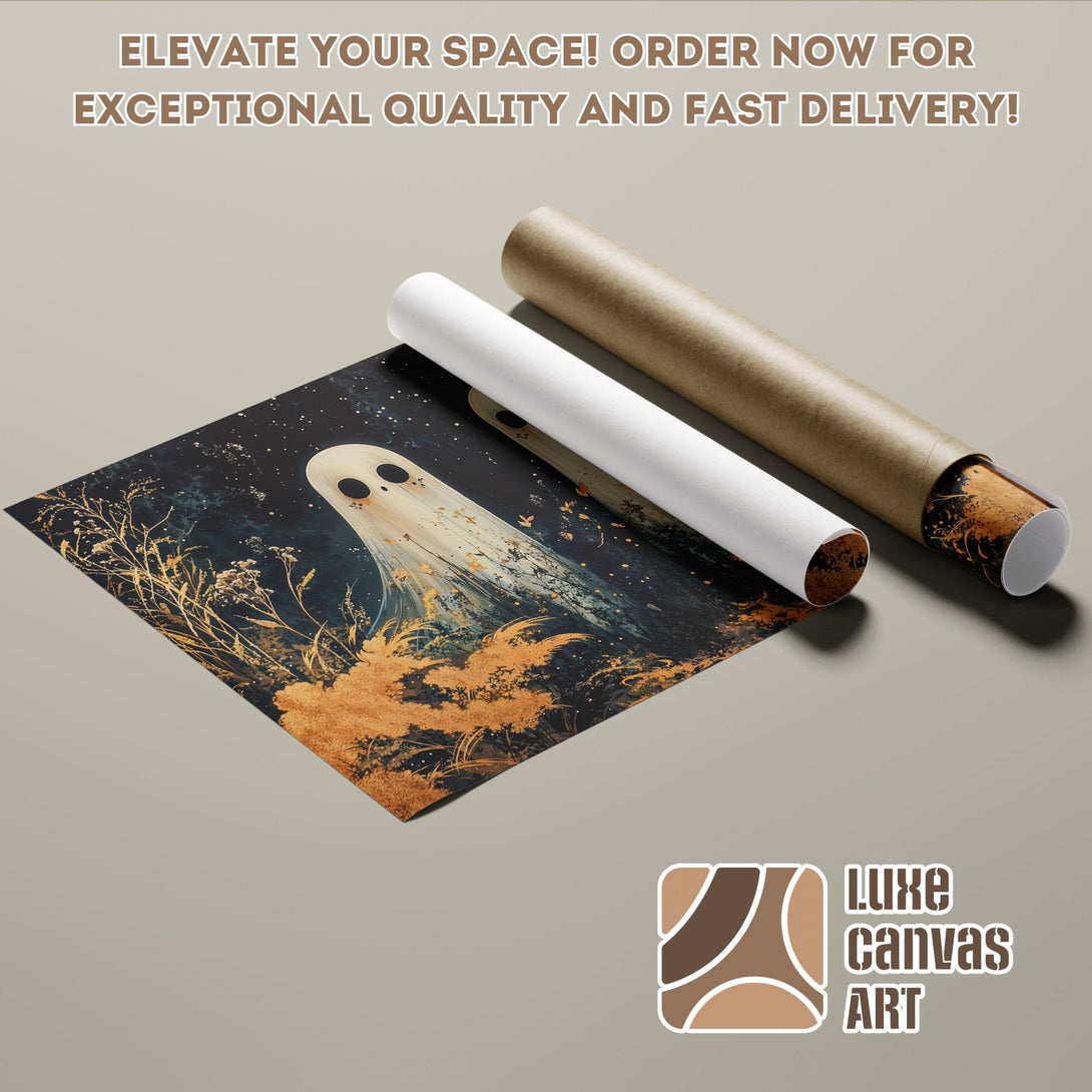 Poster Roll featuring a whimsical ghost art print in a dark, gold color palette. Elevate your space!
