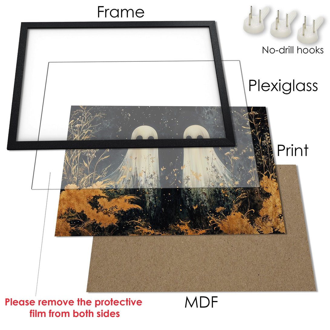 Framed Poster featuring a mystical scene with ghosts, in a dark, gold, and black color palette. Perfect wall art!