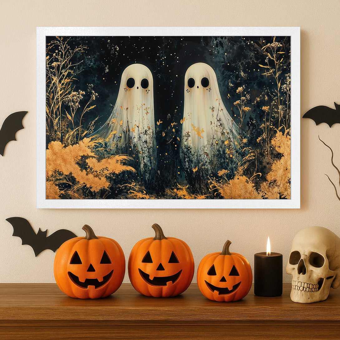 Framed Poster featuring whimsical ghosts in a dark, gold and teal color palette. Perfect Halloween decor!