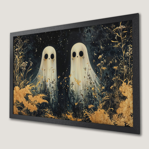 Framed Poster featuring whimsical ghosts in a dark, golden-toned forest. Perfect Halloween decor! Add spooky elegance to your space.