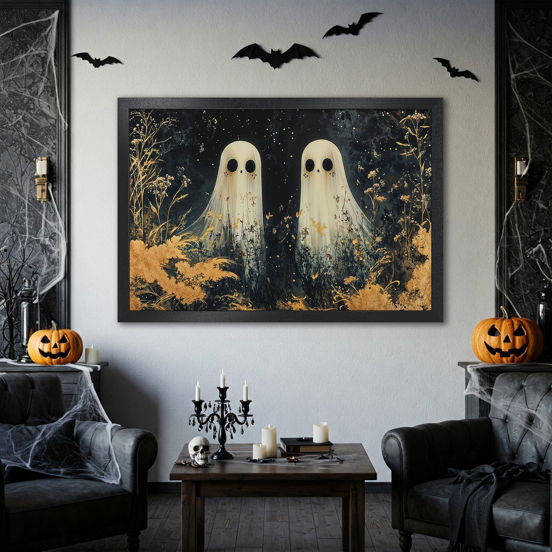 Framed Poster featuring two spooky ghost figures, dark and gold color palette, perfect Halloween decor.