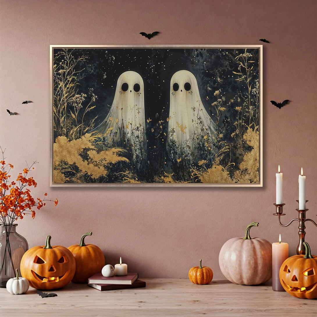 Framed Wall Art: Spooky ghost canvas print with gold accents. Perfect Halloween decor in a dark, moody color palette.