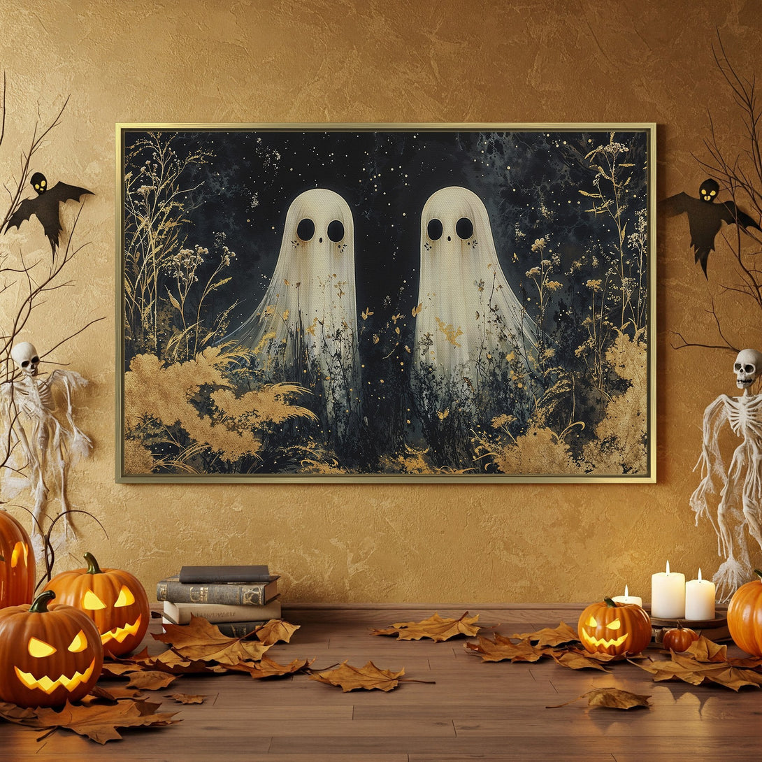 Canvas Print: Spooky Halloween art with ghostly figures, dark and gold color palette. Perfect for fall decor!