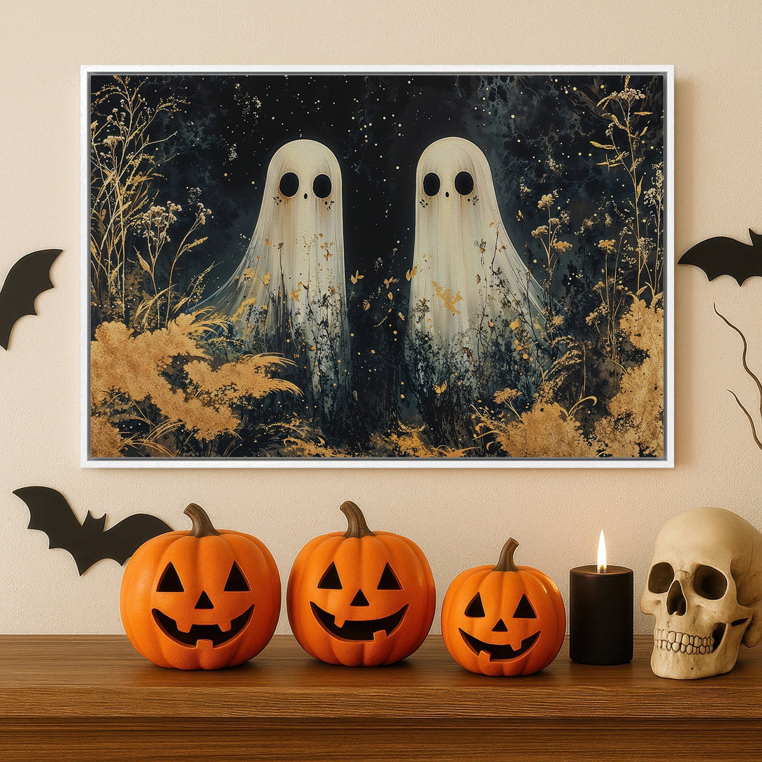 Framed Wall Art: Spooky Halloween canvas print featuring two ghostly figures in a dark, gold and black color palette. Perfect for adding a touch of eerie elegance.