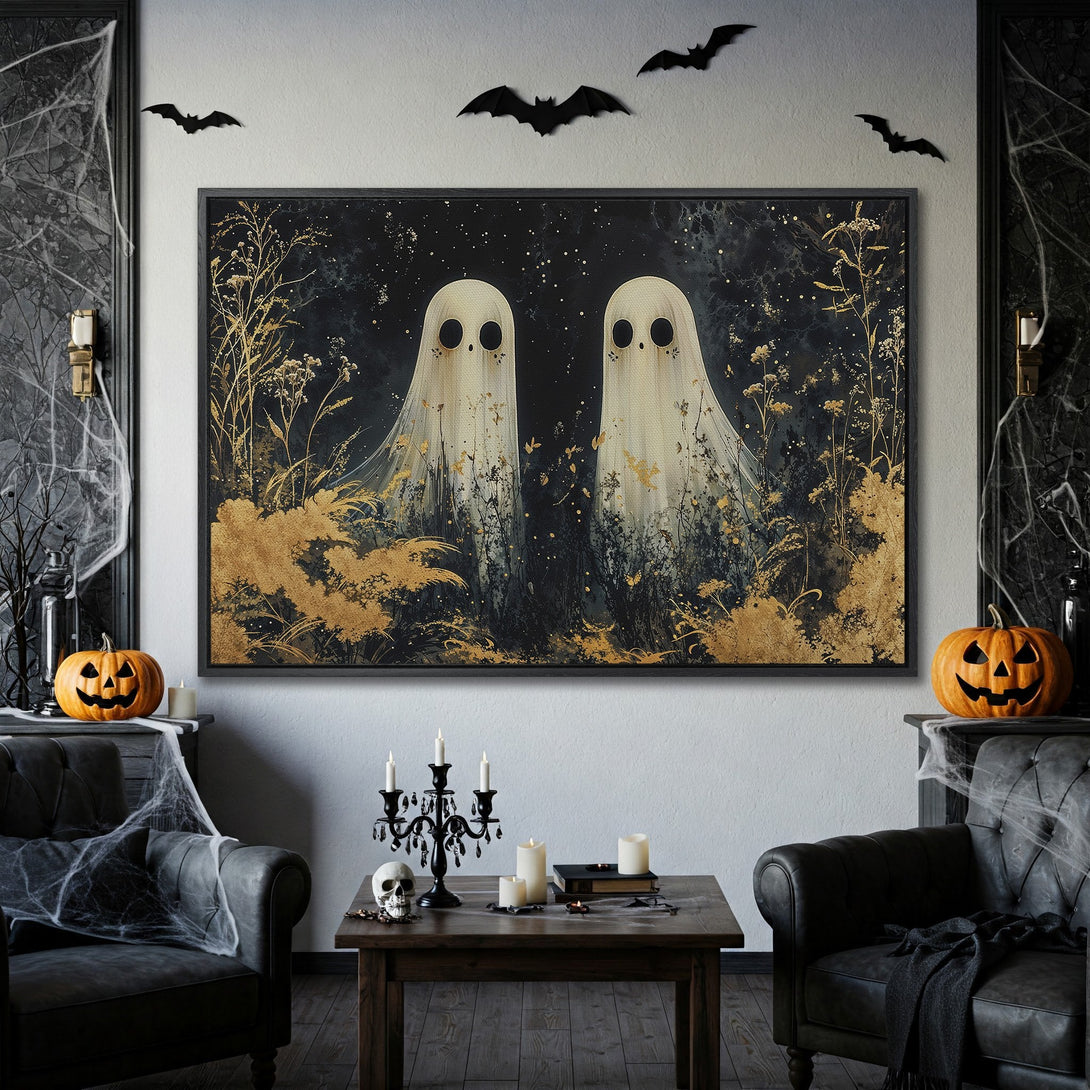 Framed Wall Art: Spooky ghost art with gold accents. Perfect for Halloween decor! Black, white, and gold color palette. Add a touch of eerie elegance.