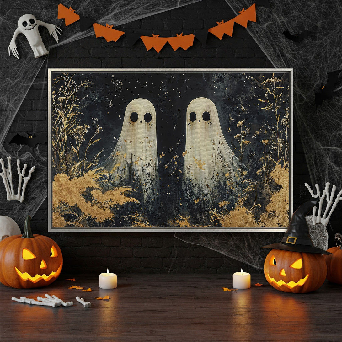 Framed Wall Art: Spooky Halloween ghost art with gold and black accents. Perfect for adding a touch of eerie elegance to your decor. Shop now!