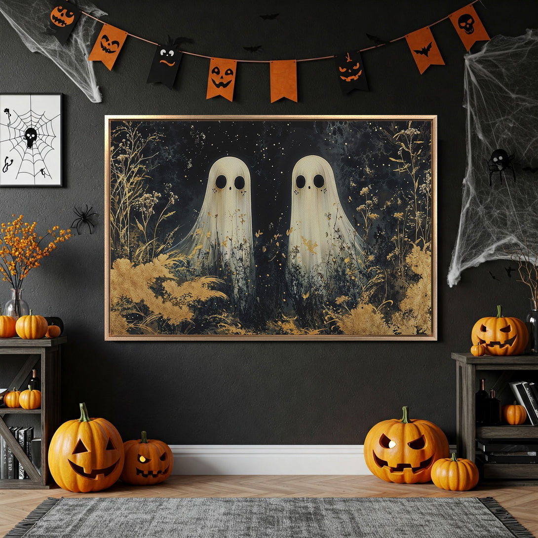 Framed Wall Art: Spooky ghost art in a Halloween-themed interior. Gold, black, and white color palette. Perfect for adding a touch of eerie elegance to your home.