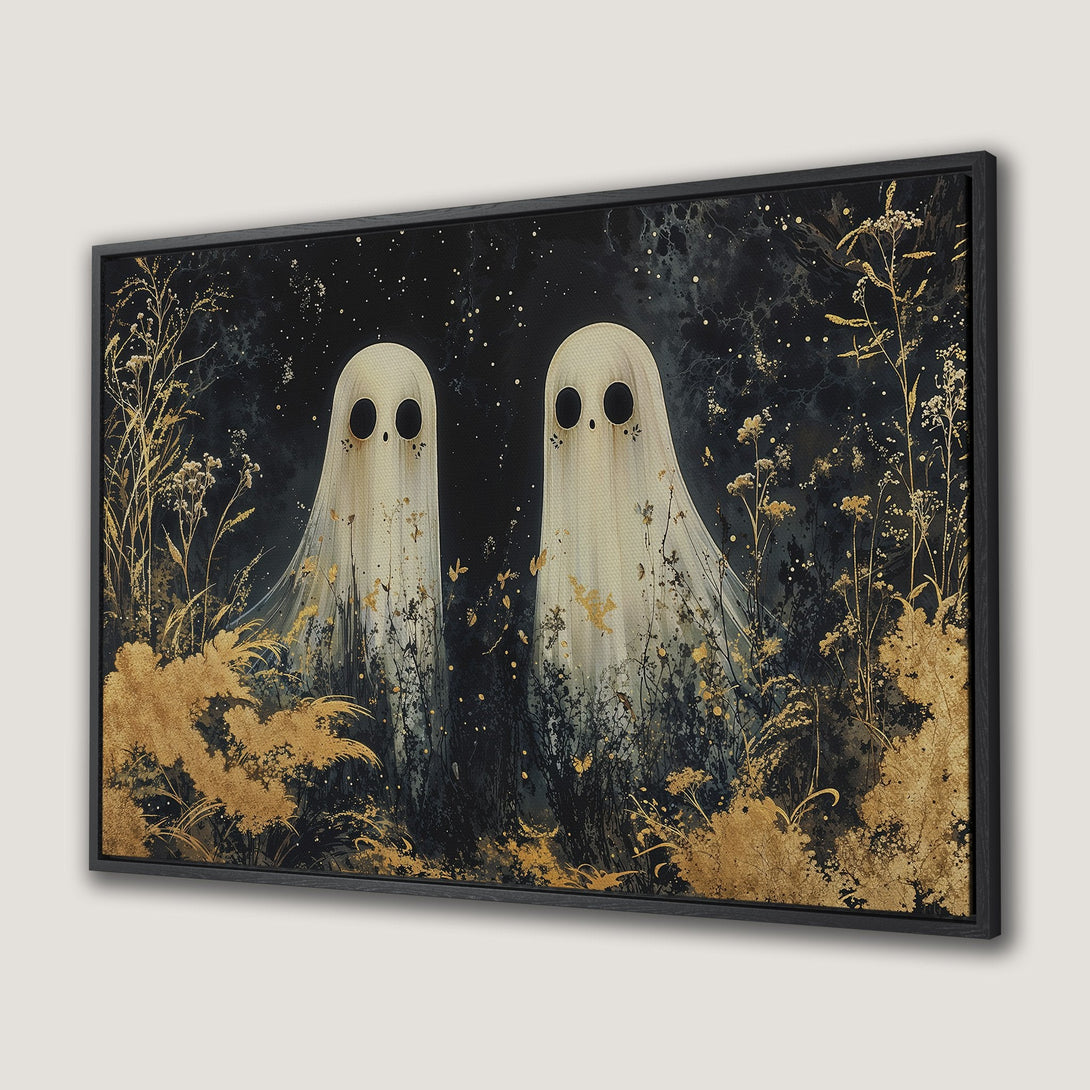 Framed Wall Art: Spooky ghost art in a dark, moody style with gold accents. Perfect Halloween decor. Canvas Print for your home!
