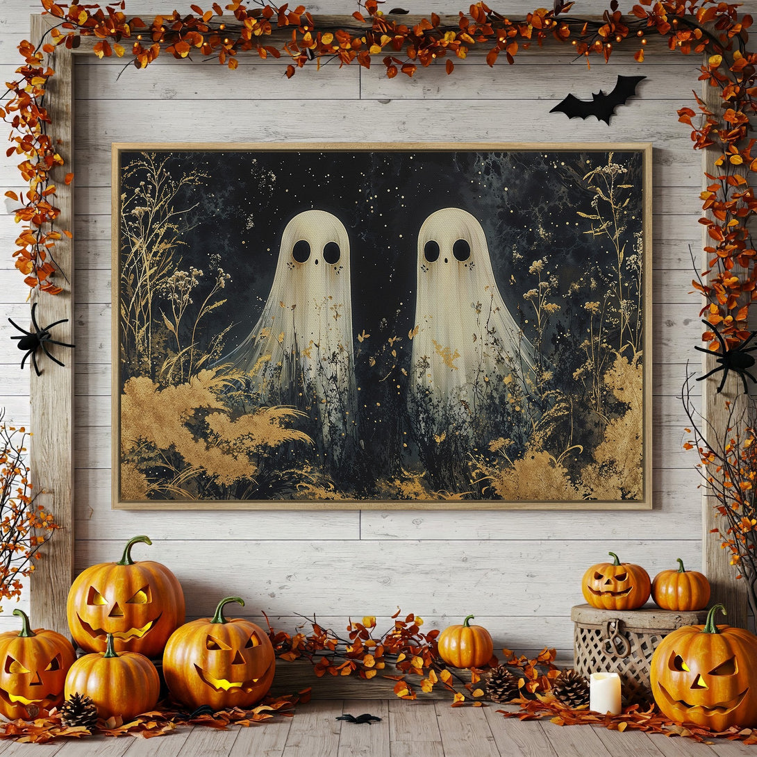 Framed Wall Art: Spooky Halloween ghost art in a dark, gold, and black palette. Perfect for fall decor!