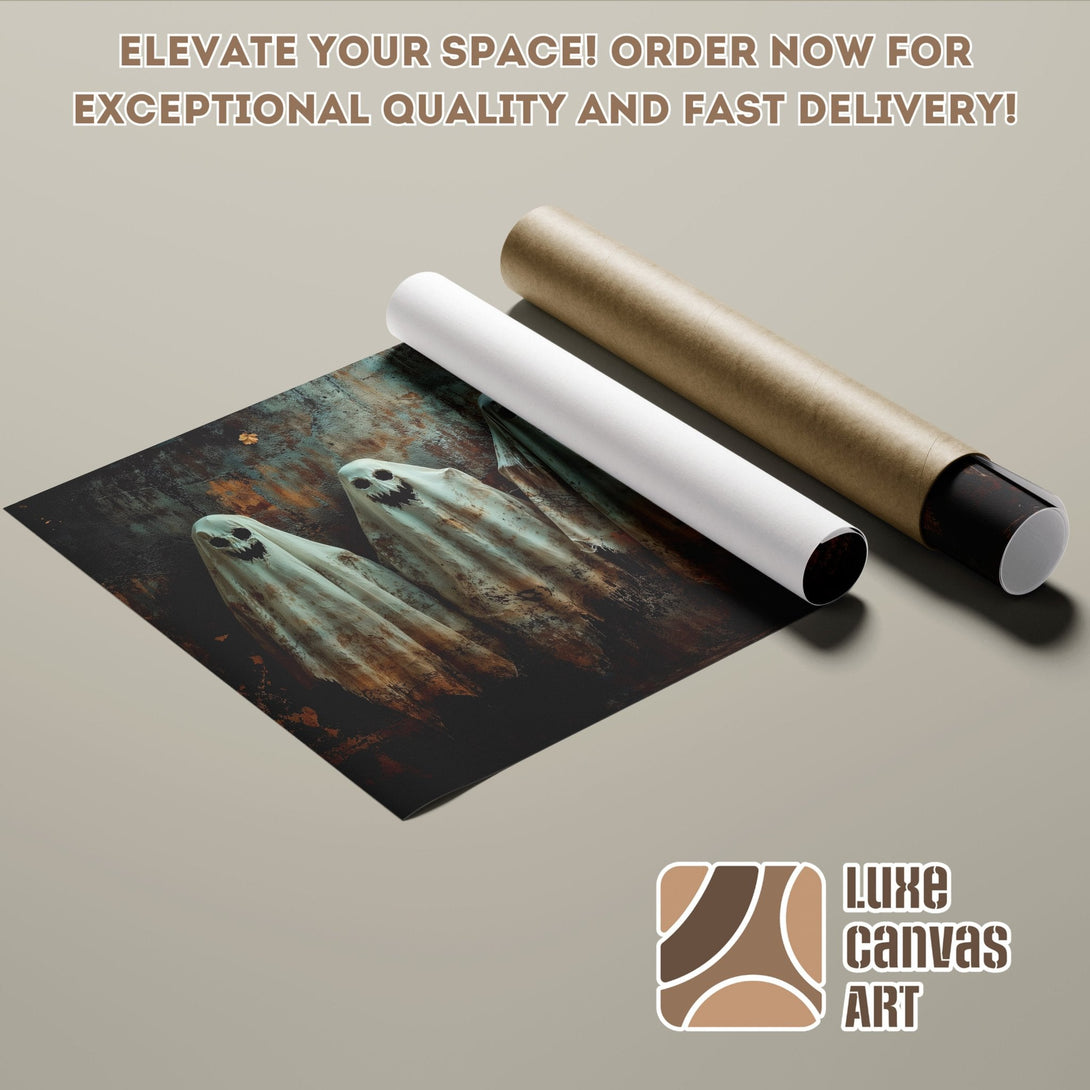 Spooky ghost art poster roll, dark palette, perfect for Halloween decor. Order yours today!