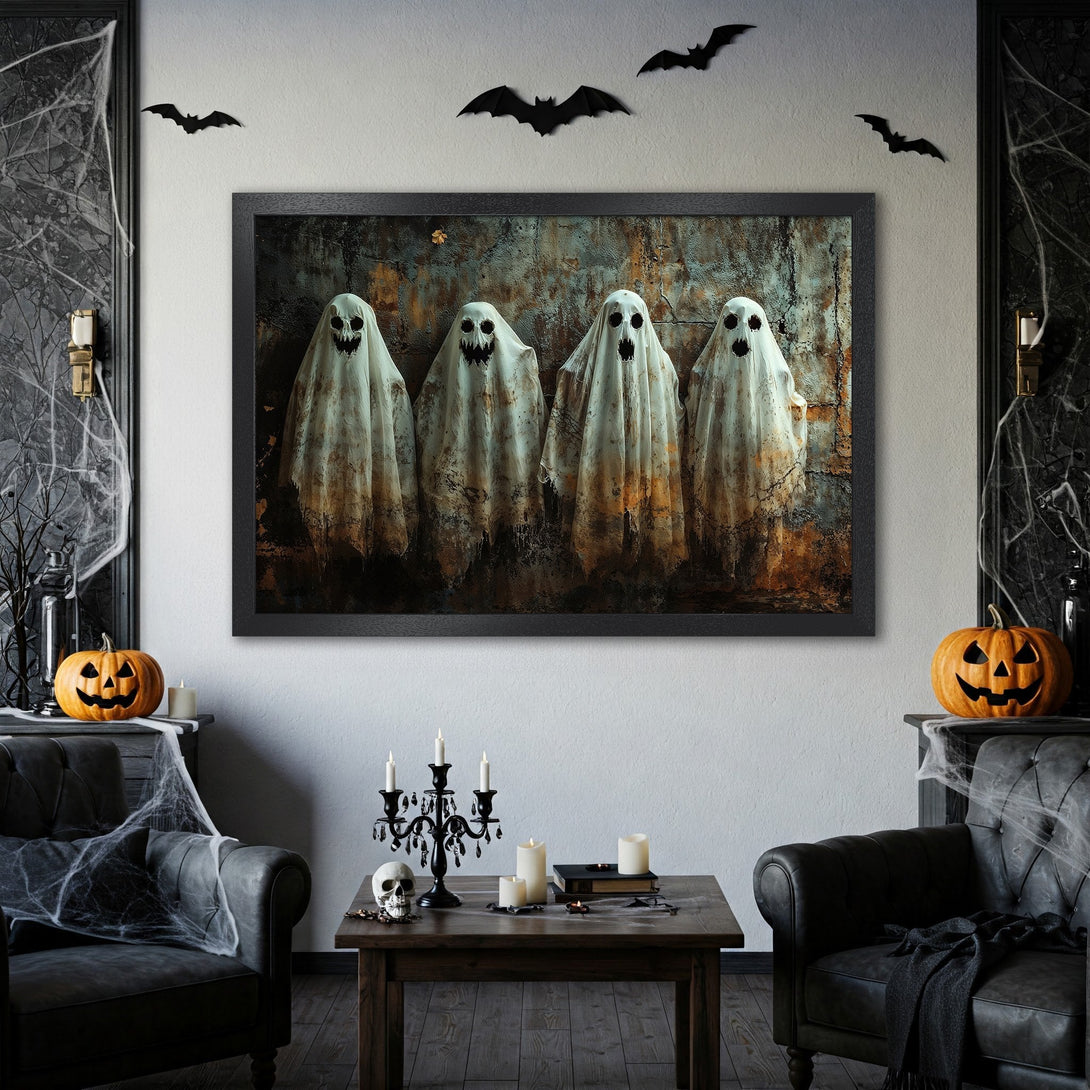 Framed Poster featuring spooky ghost art in a rustic, vintage style with a muted, earthy color palette. Perfect Halloween decor!