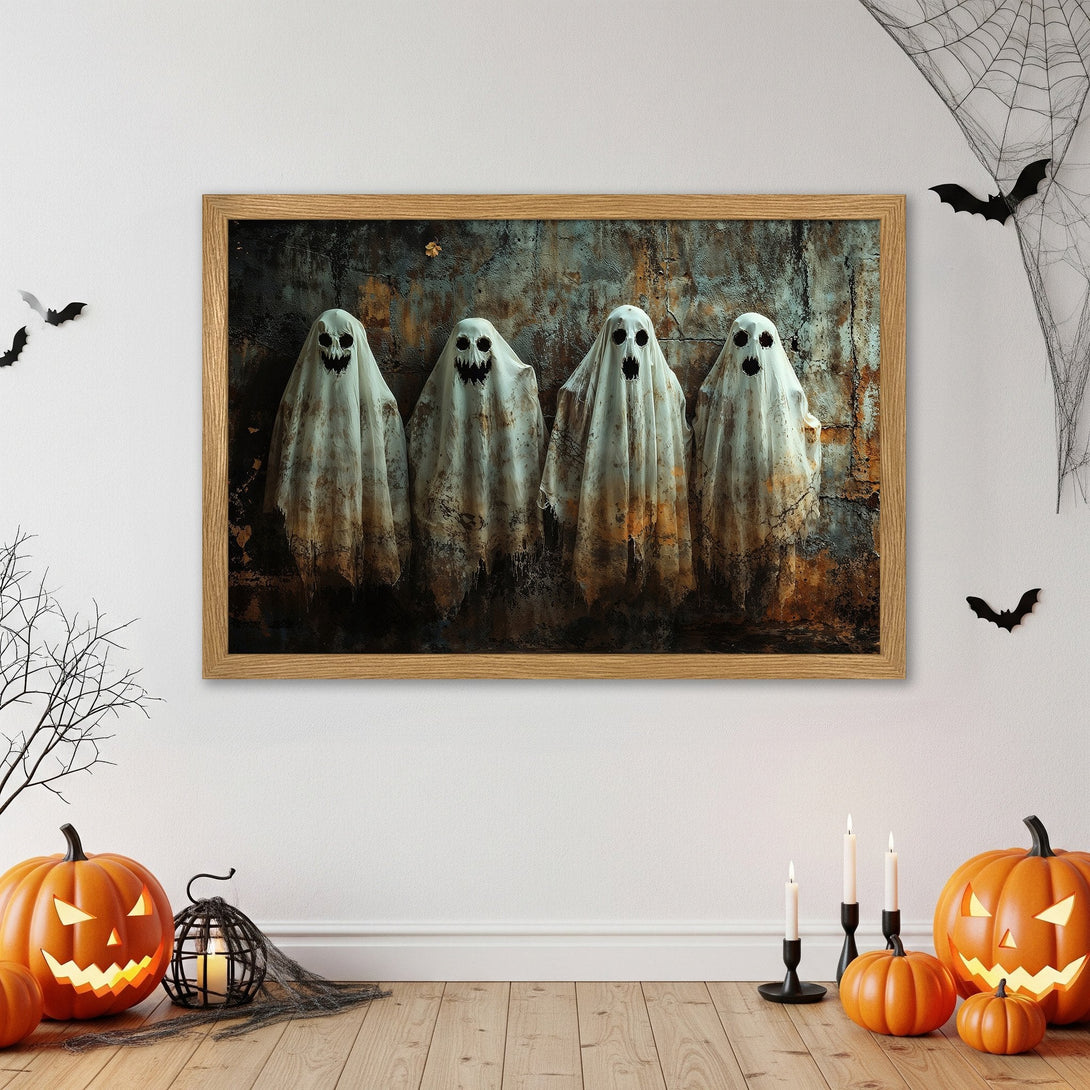 Framed Poster featuring spooky ghost art in a rustic style with a muted color palette, perfect Halloween decor.