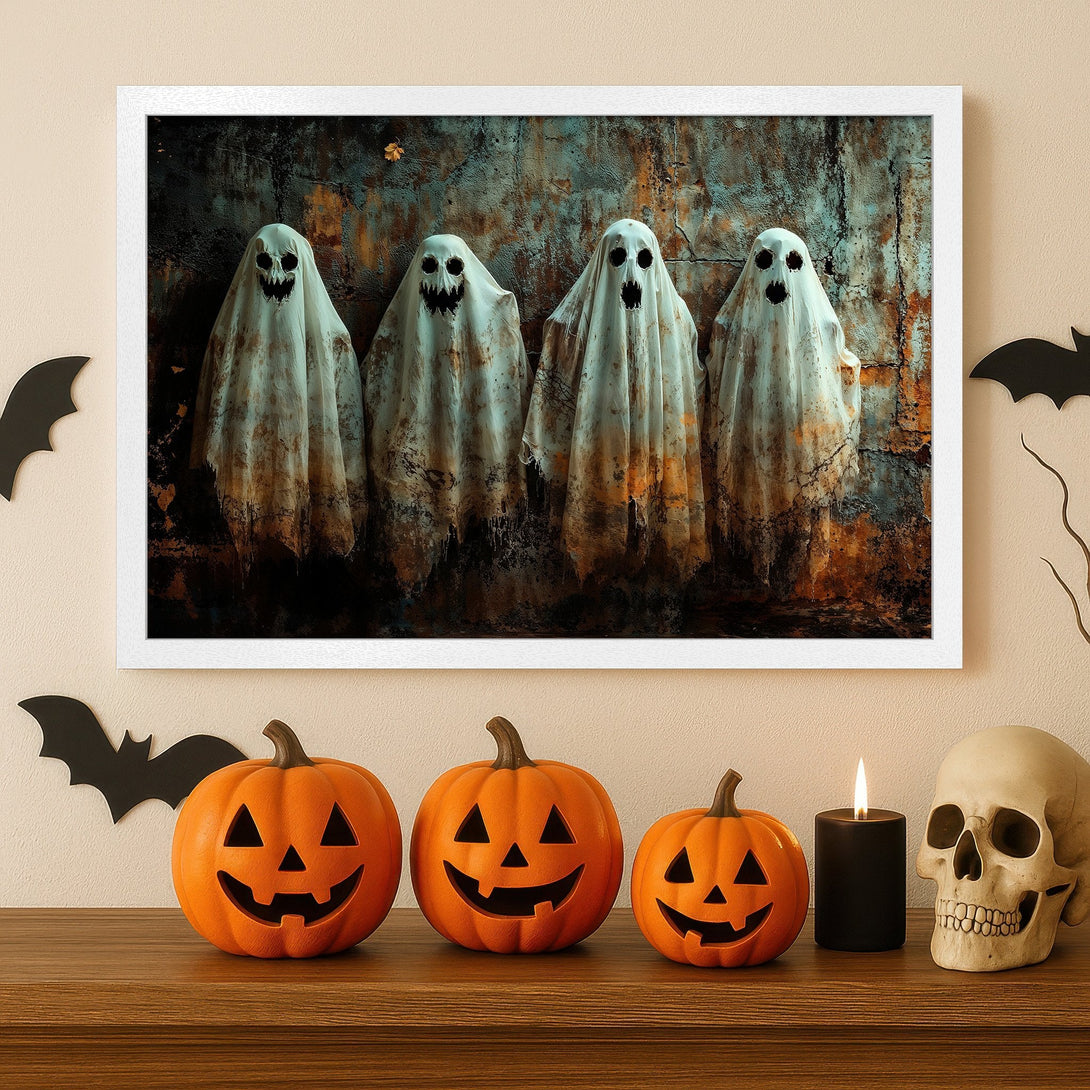 Framed Poster featuring spooky ghost art in a rustic, distressed style. Earthy tones with pops of orange for Halloween decor.