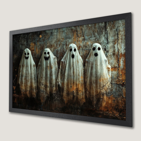 Framed Poster featuring spooky ghosts on a textured wall, with a rustic and eerie color palette perfect for Halloween decor.