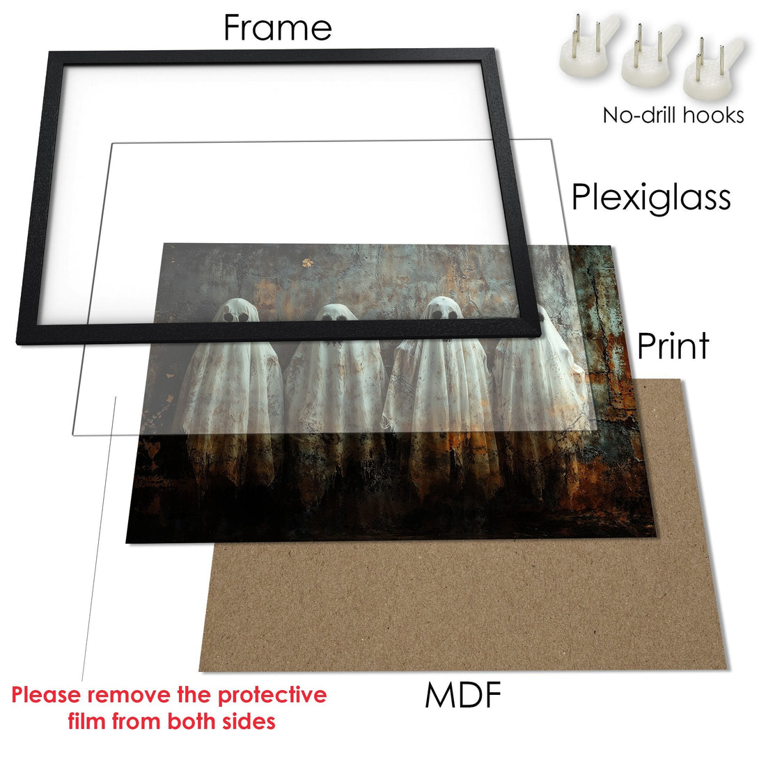 Framed Poster featuring ghostly figures in a dark, moody style with a muted, earthy color palette. Perfect Halloween decor!