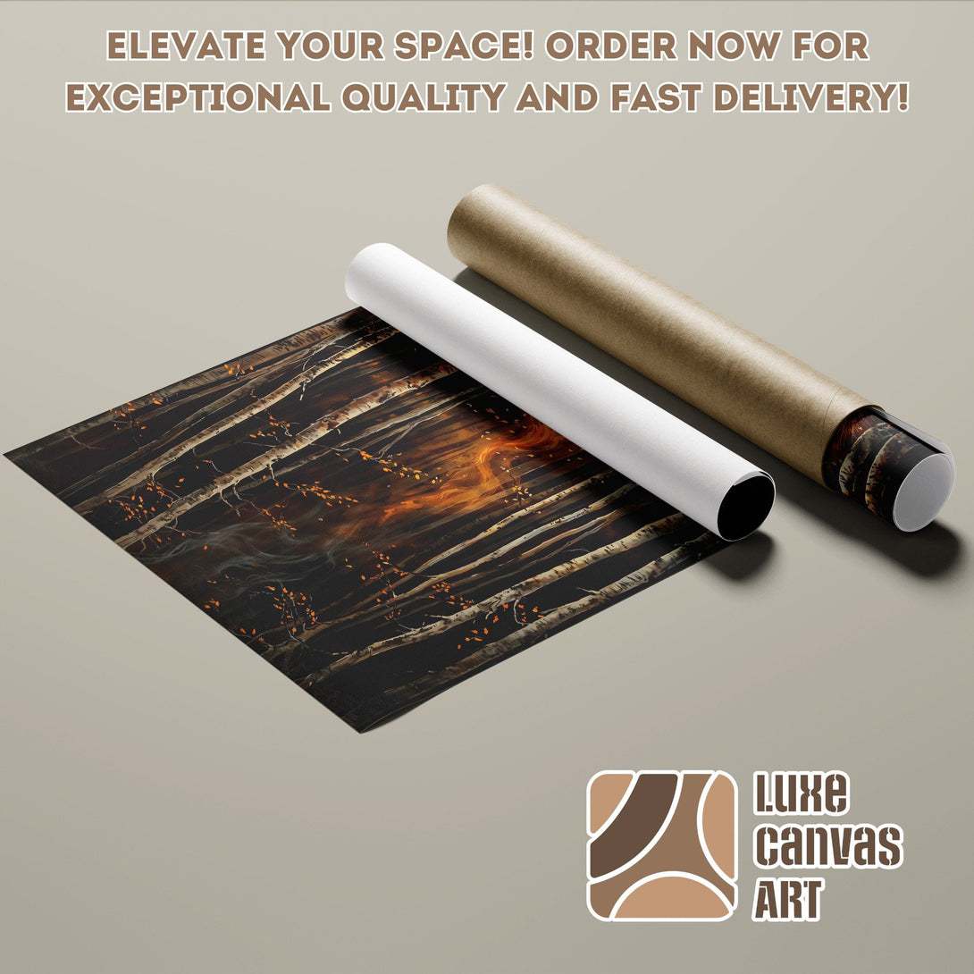 Poster Roll featuring a forest scene in dark tones with orange accents. Elevate your space!