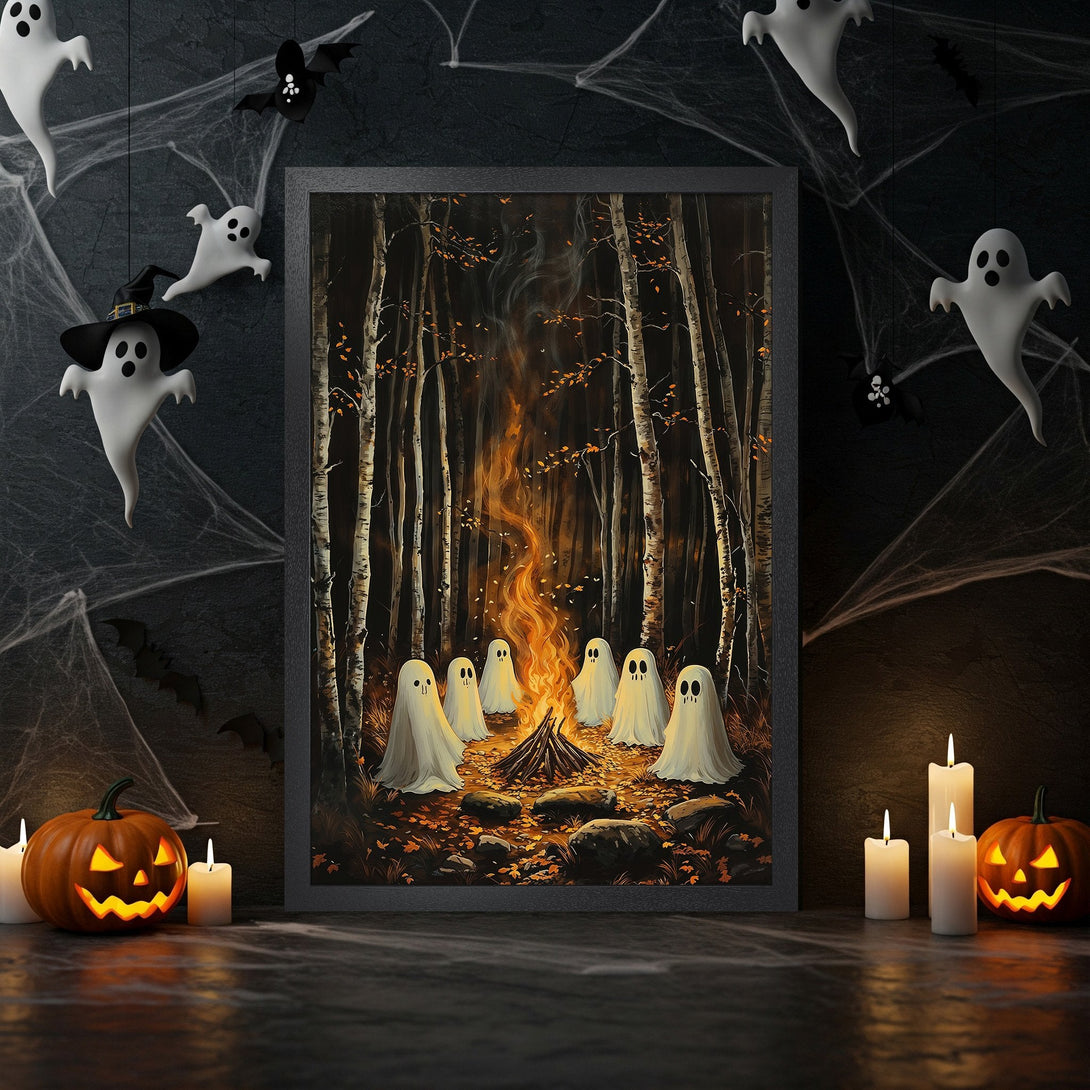 Framed Poster featuring a spooky campfire scene with ghosts, in a dark, warm color palette. Perfect Halloween decor!