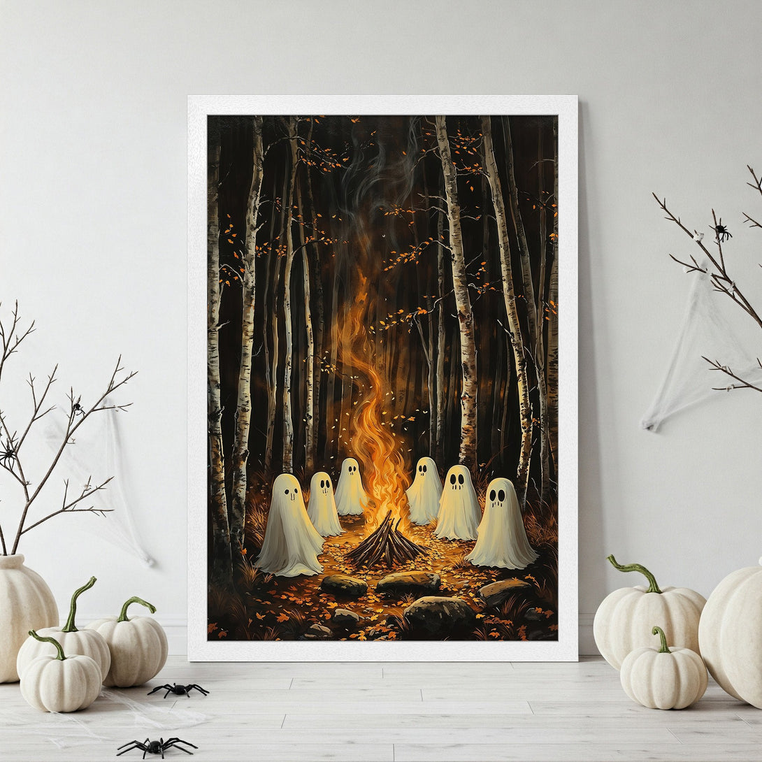 Framed Poster featuring cute ghosts around a campfire in a dark forest. Warm orange & brown palette, perfect Halloween decor!